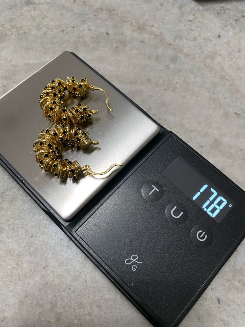 Gold Hoop Earrings with Black Crystal Accents - Picture 4 of 5